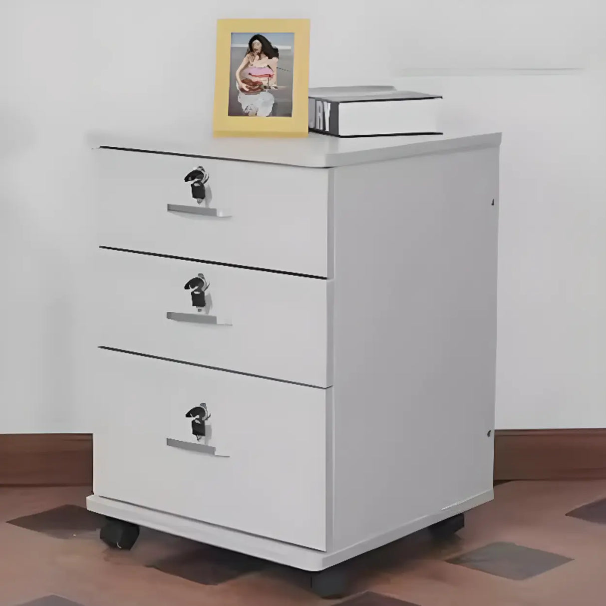 White Lockable Storage Wood Vertical Casters Filing Cabinet Image - 30