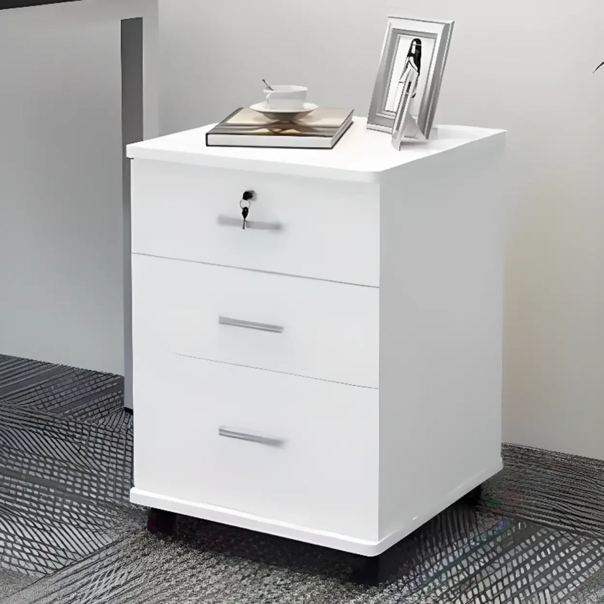 White Lockable Storage Wood Vertical Casters Filing Cabinet Image - 31