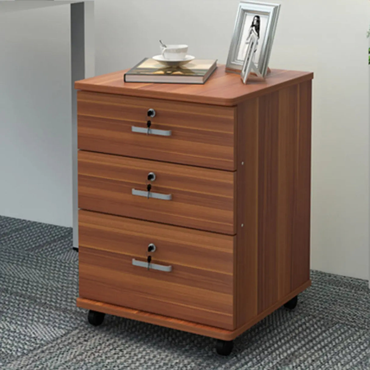 White Lockable Storage Wood Vertical Casters Filing Cabinet Image - 4