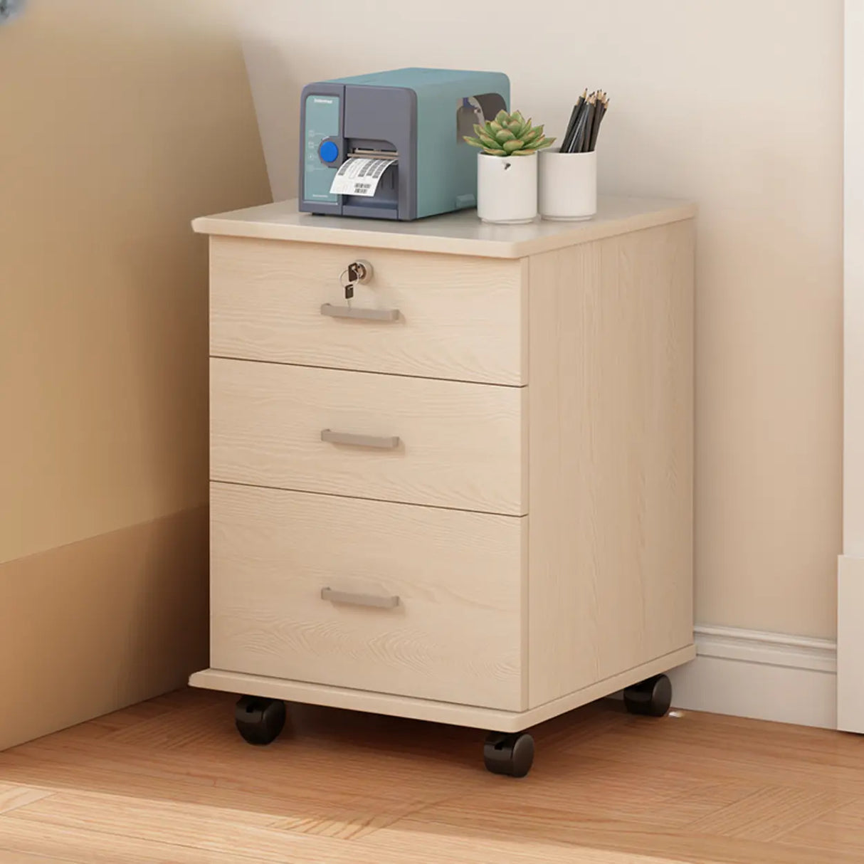 White Lockable Storage Wood Vertical Casters Filing Cabinet Image - 7