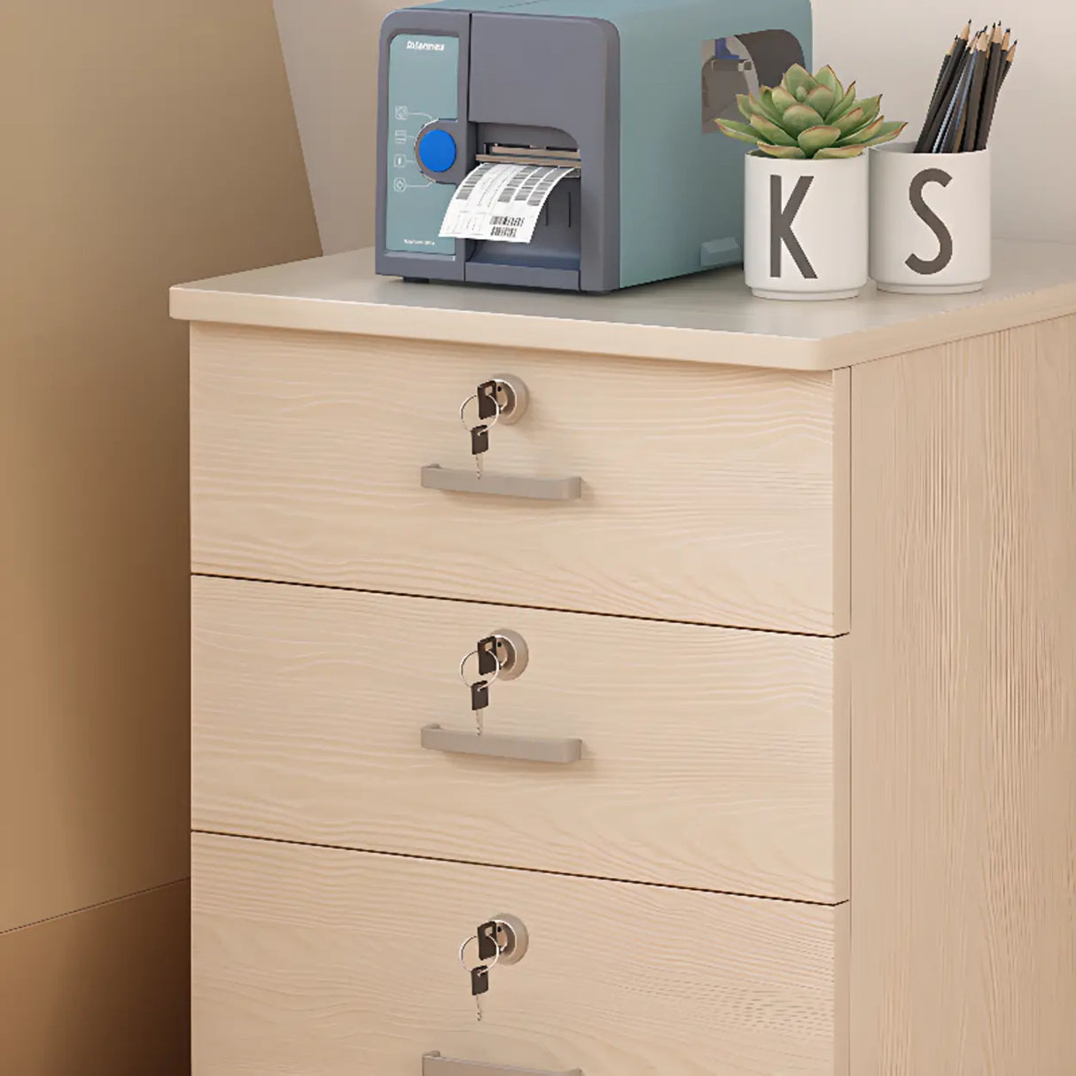 White Lockable Storage Wood Vertical Casters Filing Cabinet Image - 9