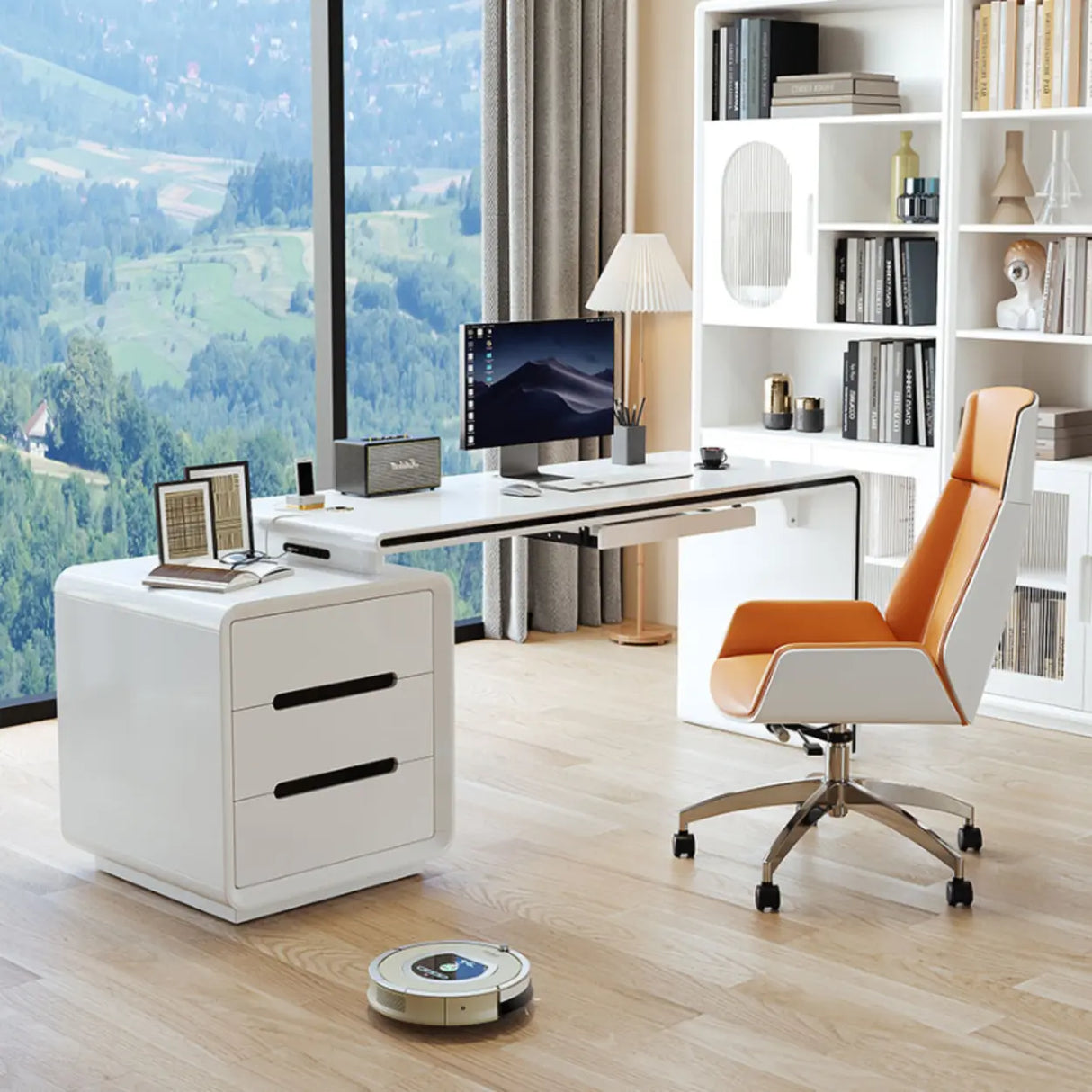 White Long Standard Wooden Computer Desk with Drawers Image - 1