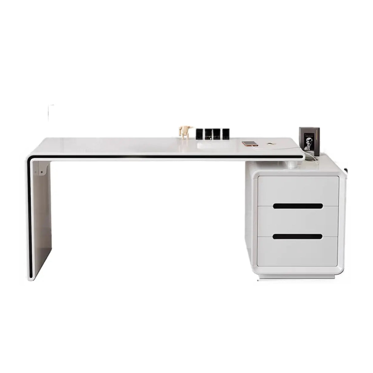 White Long Standard Wooden Computer Desk with Drawers Image - 2