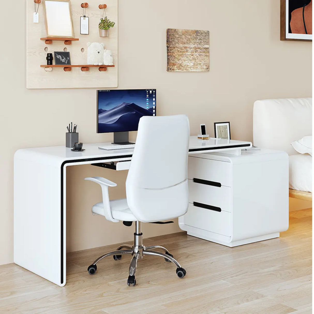 White Long Standard Wooden Computer Desk with Drawers Image - 4