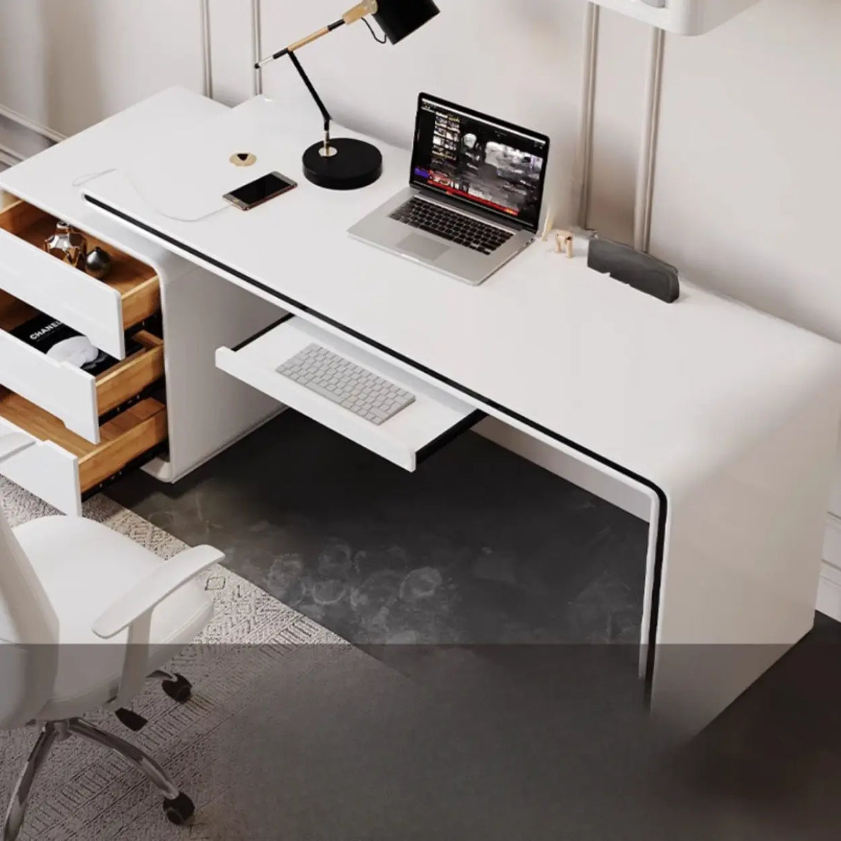 White Long Standard Wooden Computer Desk with Drawers Image - 6