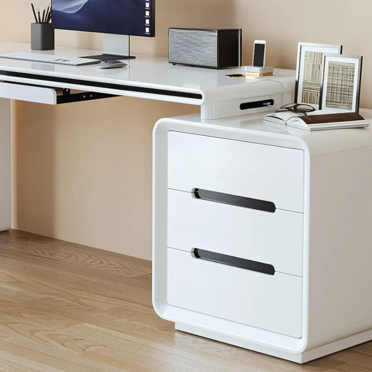 White Long Standard Wooden Computer Desk with Drawers Image - 7