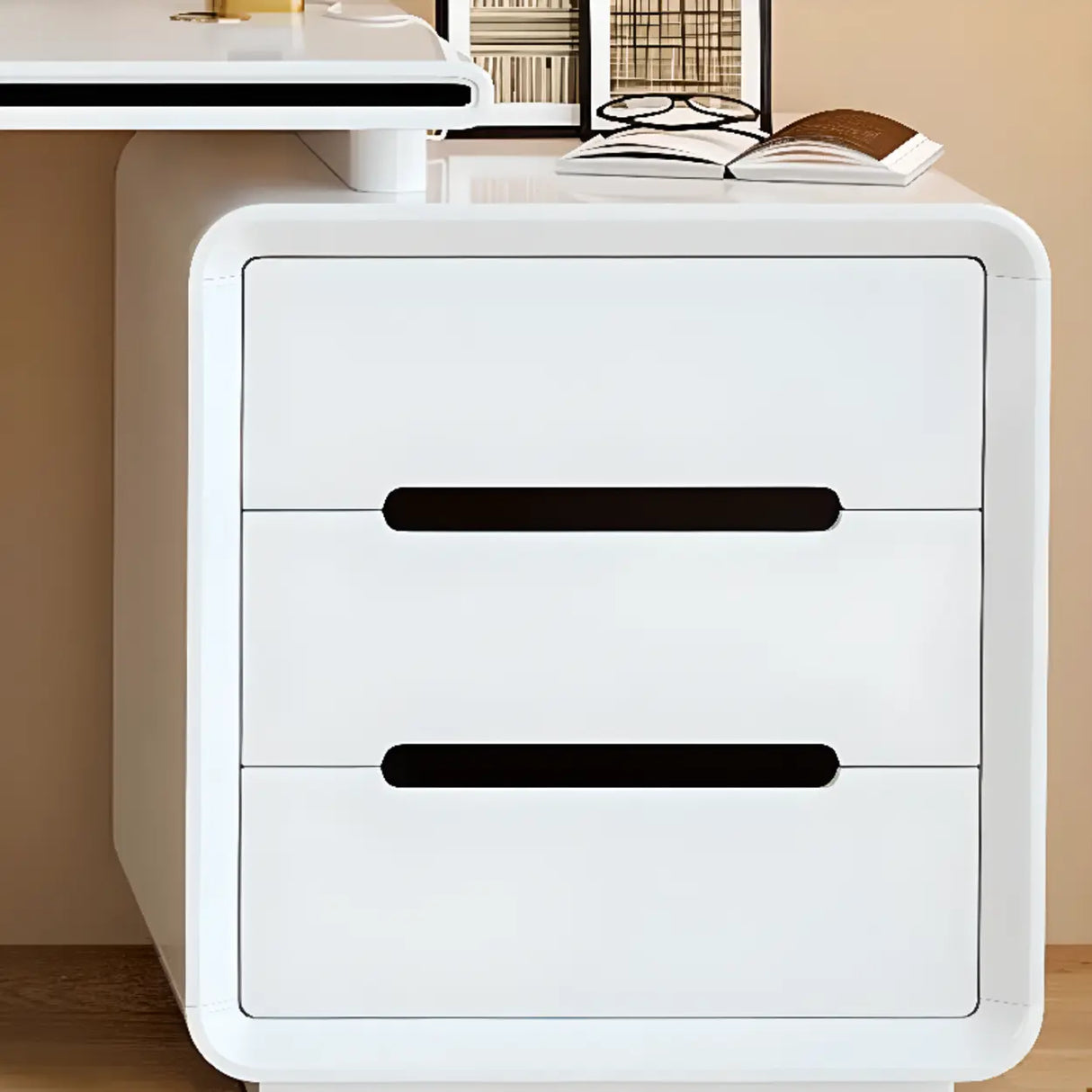 White Long Standard Wooden Computer Desk with Drawers Image - 9