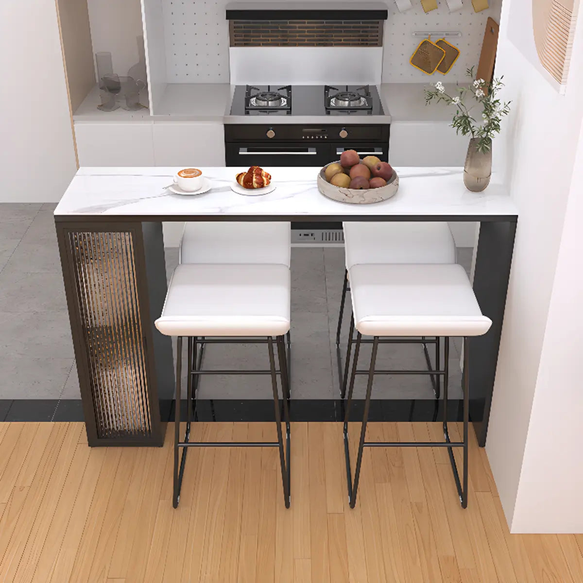 White Marble Black Rectangular Metal Bar Table with Storage Image - 1