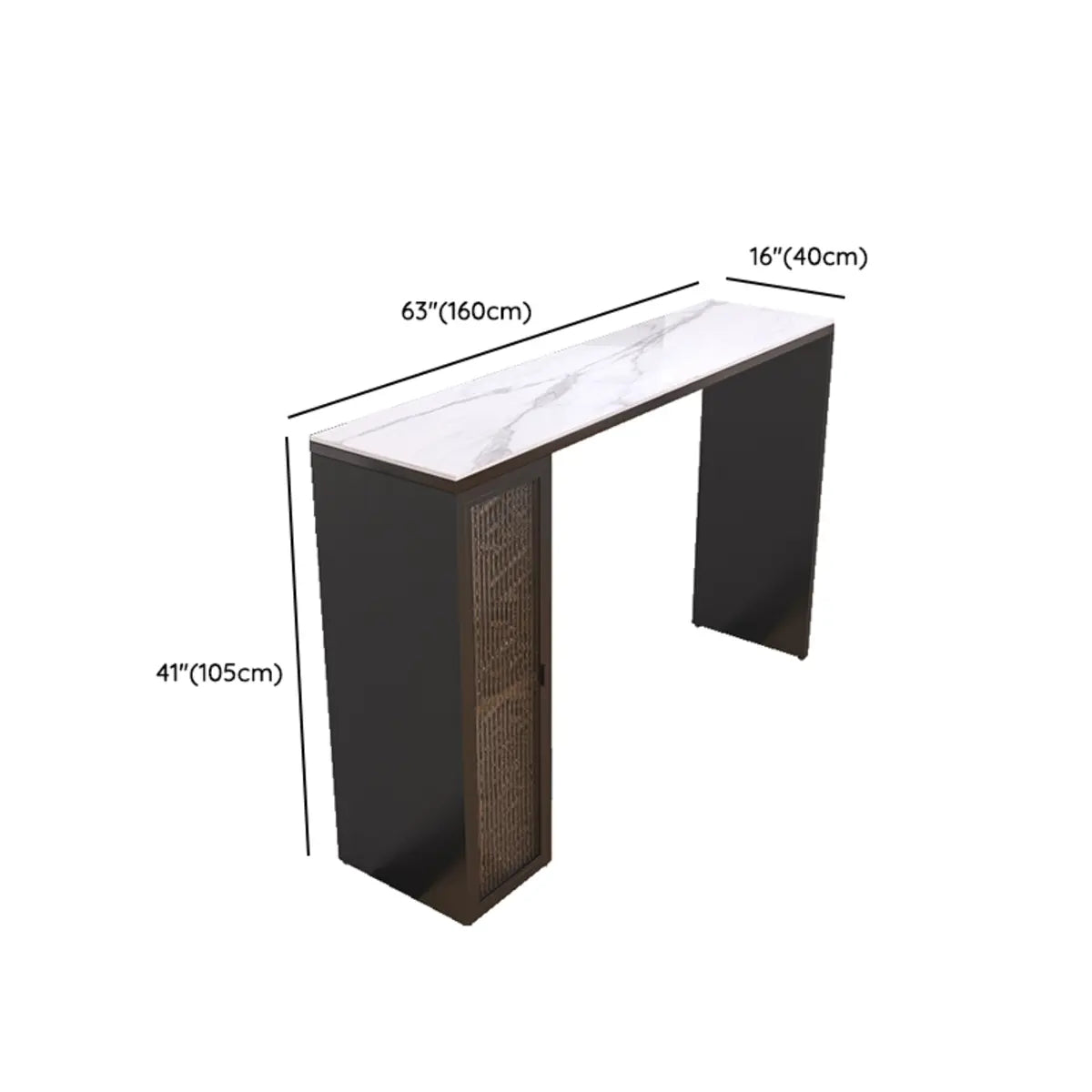 White Marble Black Rectangular Metal Bar Table with Storage Image - 12