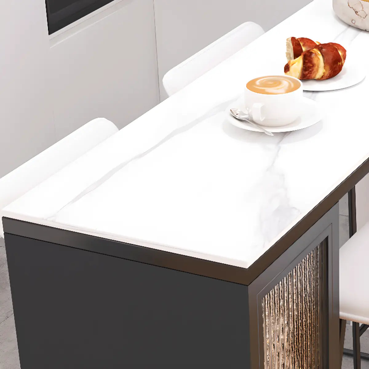 White Marble Black Rectangular Metal Bar Table with Storage Image - 4