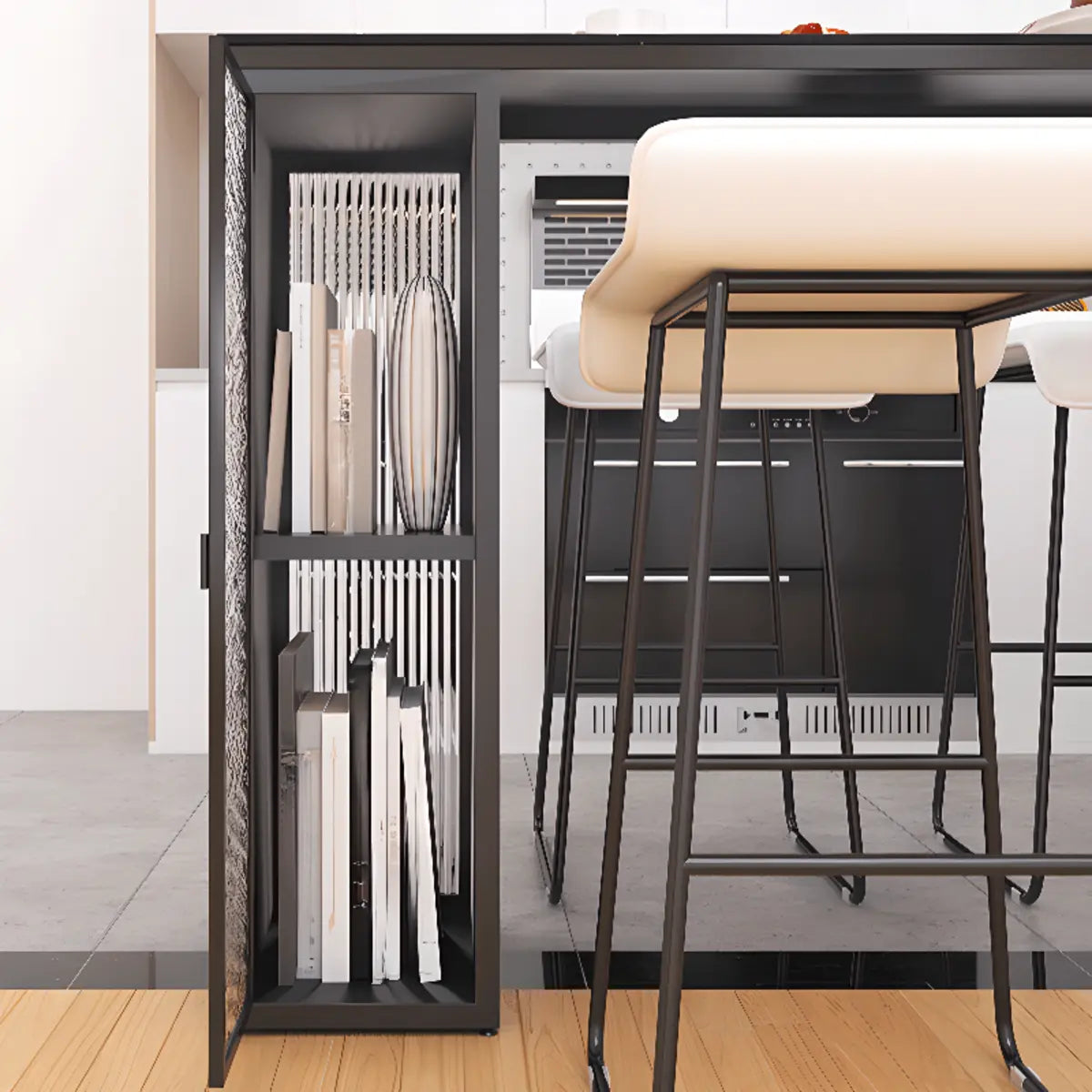 White Marble Black Rectangular Metal Bar Table with Storage Image - 5