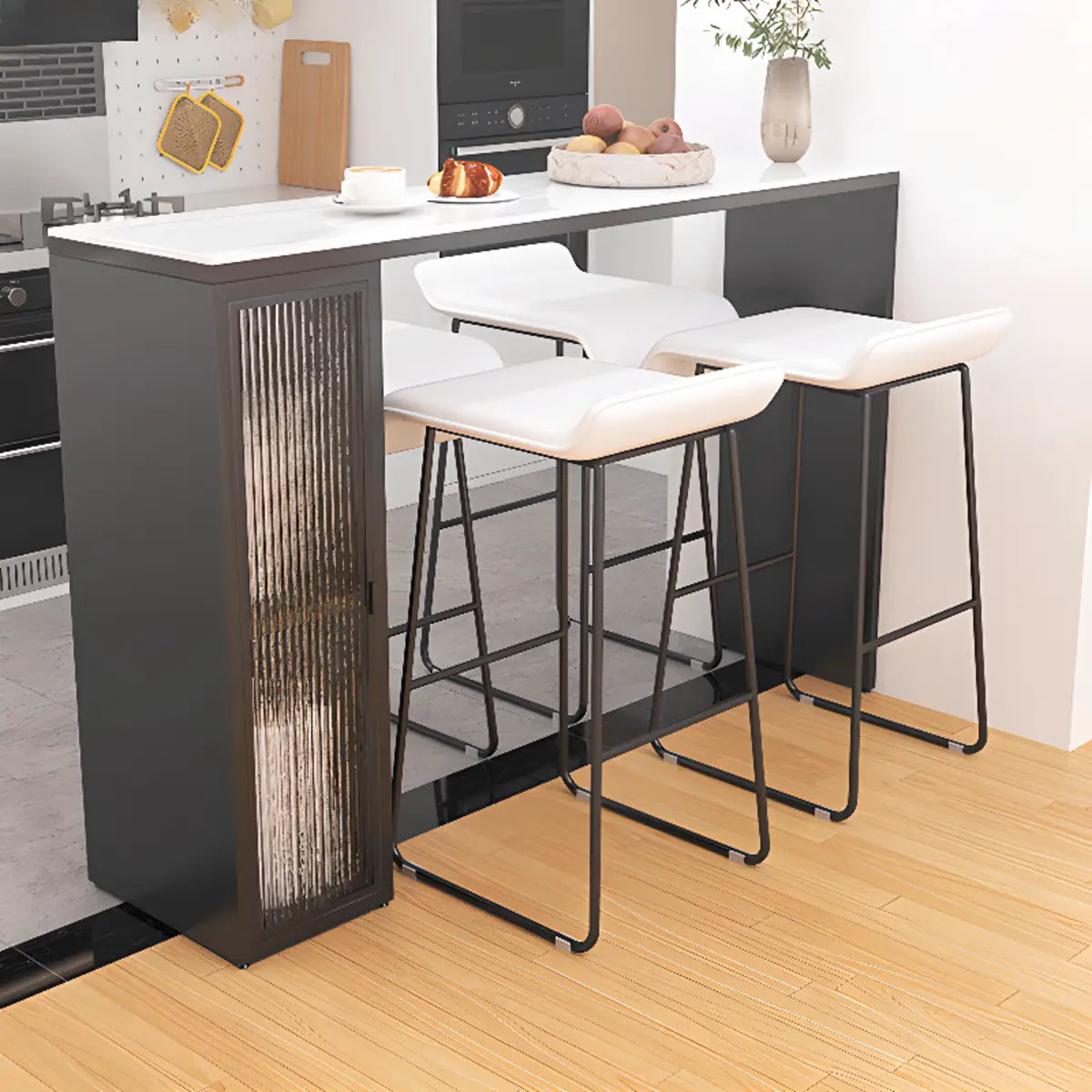 White Marble Black Rectangular Metal Bar Table with Storage Image - 6