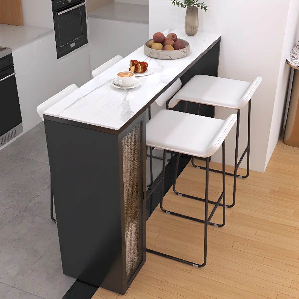 White Marble Black Rectangular Metal Bar Table with Storage Image - 7