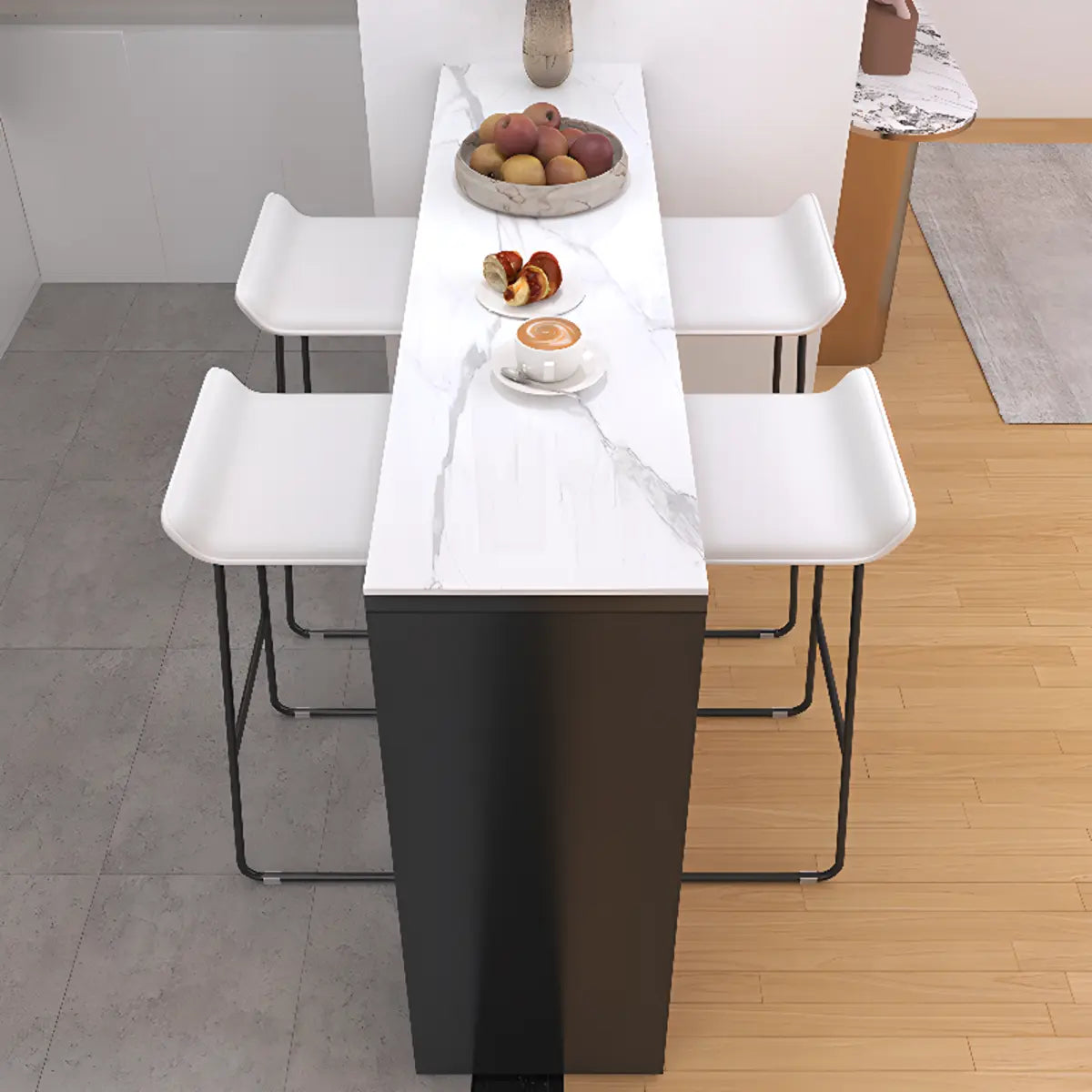 White Marble Black Rectangular Metal Bar Table with Storage Image - 8