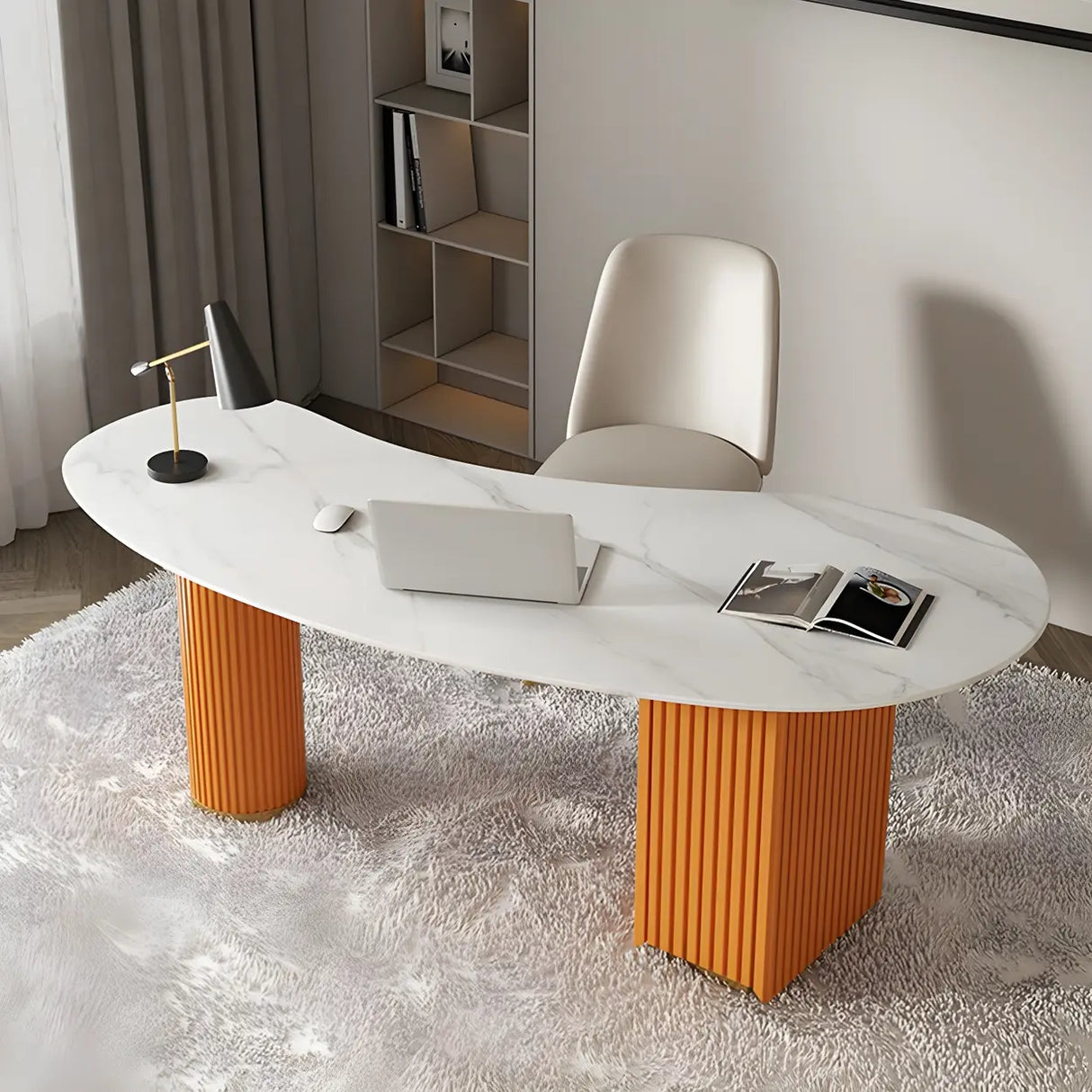 White Marble Curved Free Form Writing Desk with Drawers Image - 3