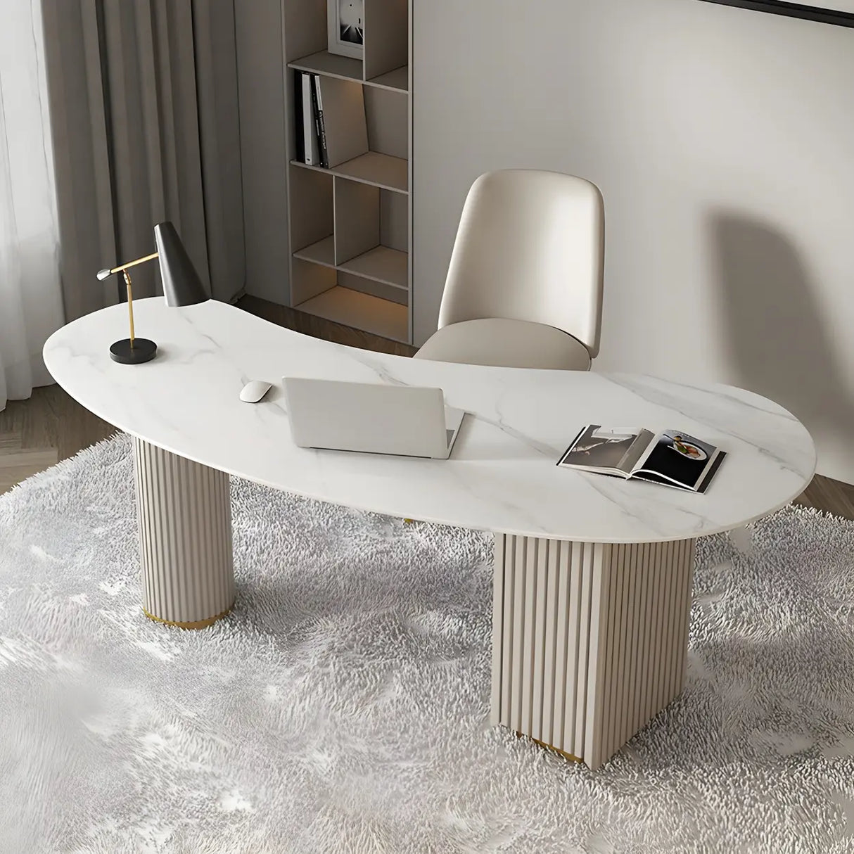 White Marble Curved Free Form Writing Desk with Drawers Image - 4