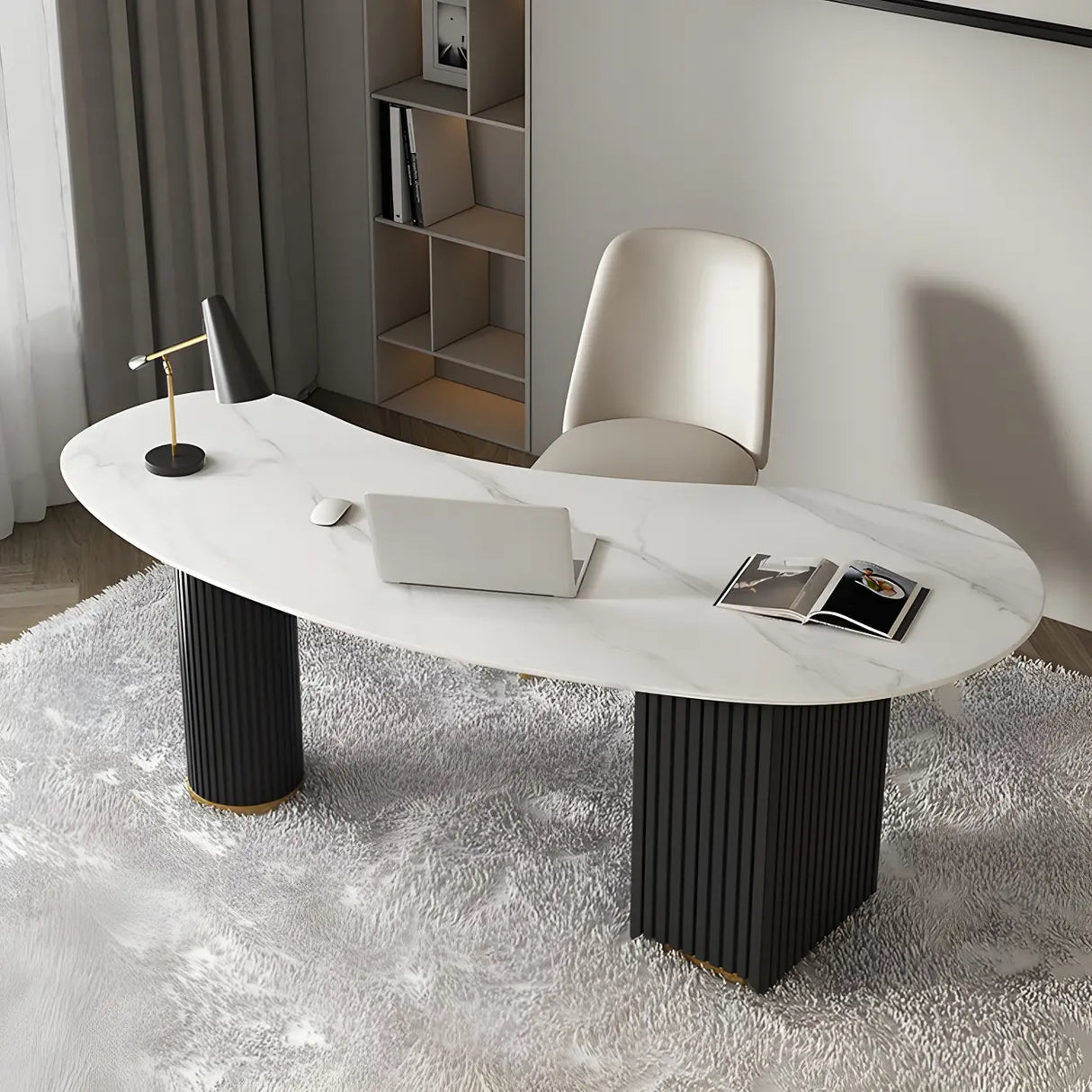 White Marble Curved Free Form Writing Desk with Drawers Image - 6