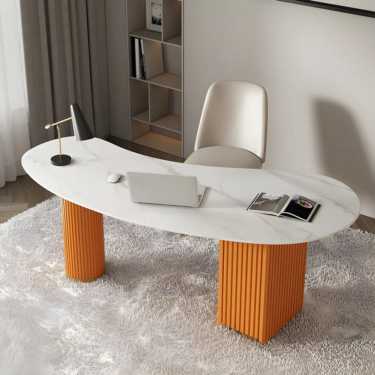 White Marble Curved Free Form Writing Desk with Drawers Image - 7