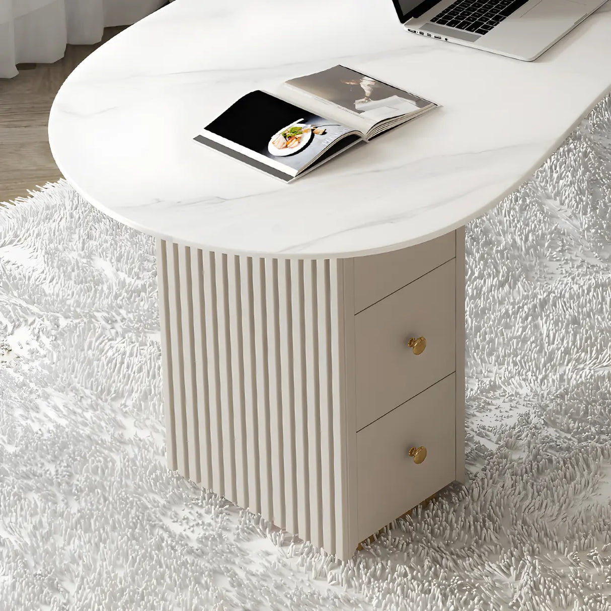 White Marble Curved Free Form Writing Desk with Drawers Image - 9