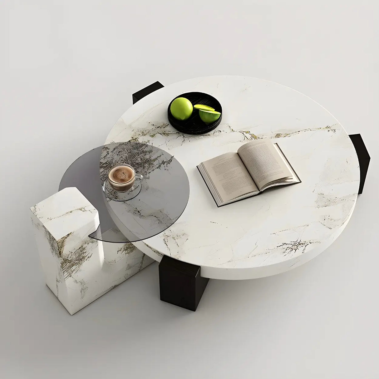 White Marble Round Coffee Table with Wood Three Legs Image - 1