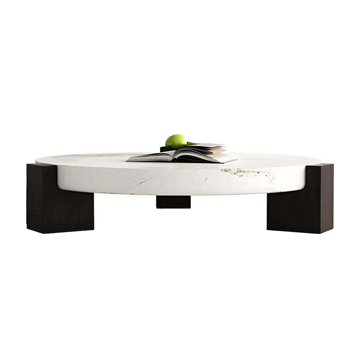 White Marble Round Coffee Table with Wood Three Legs Image - 3