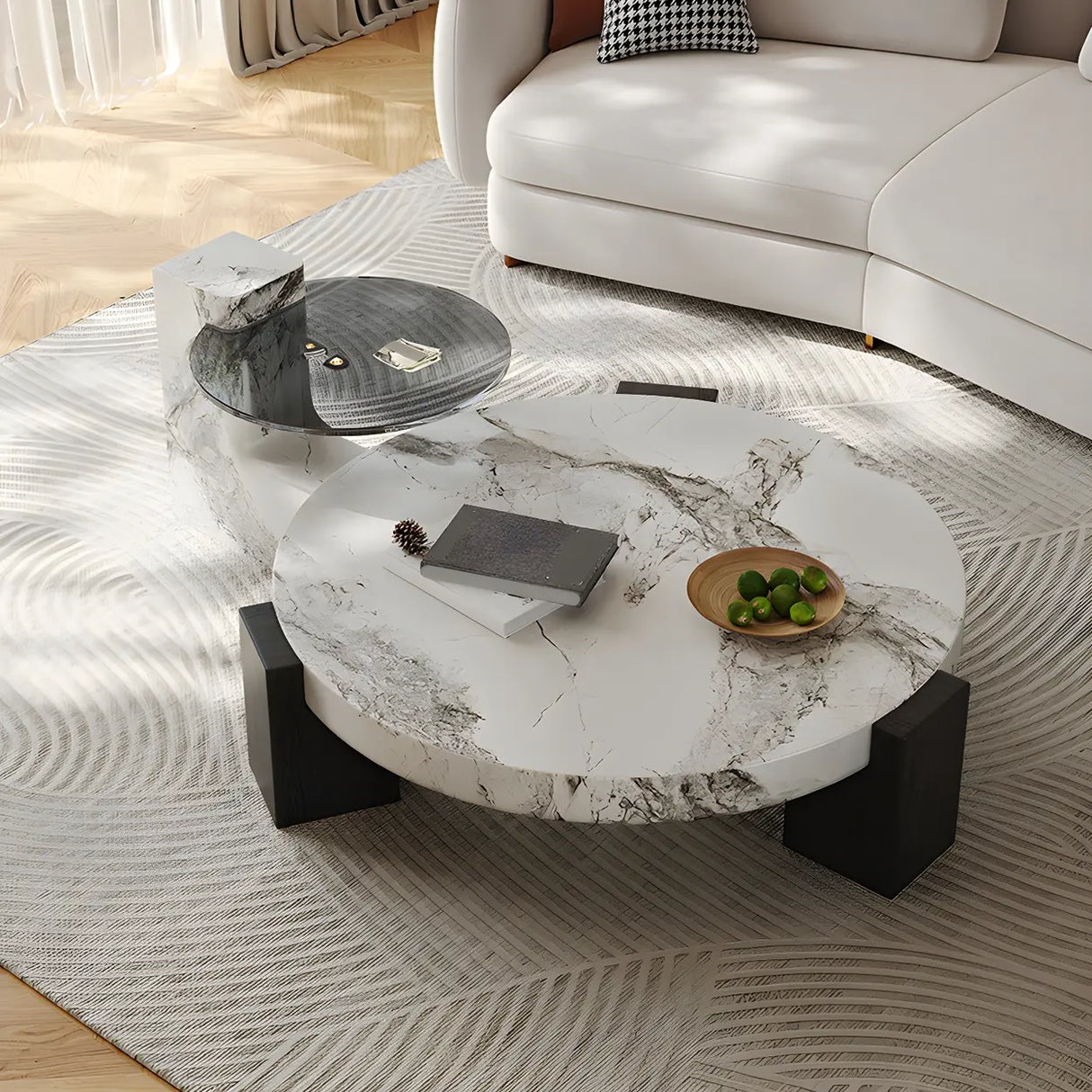 White Marble Round Coffee Table with Wood Three Legs Image - 4