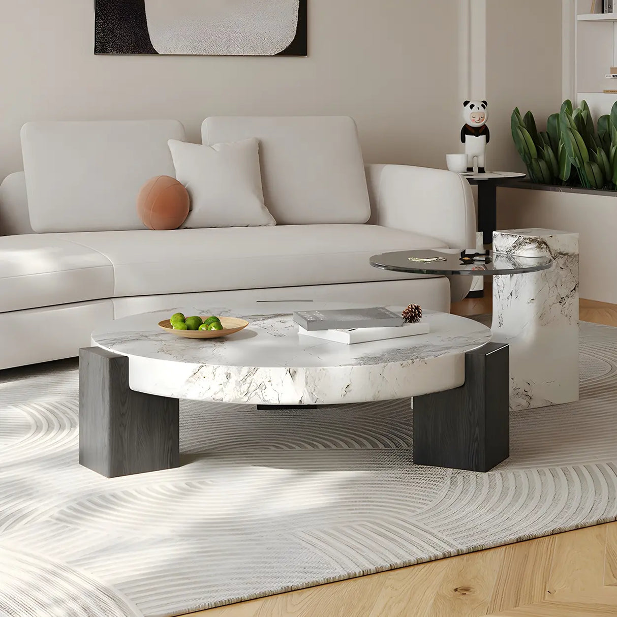White Marble Round Coffee Table with Wood Three Legs Image - 5