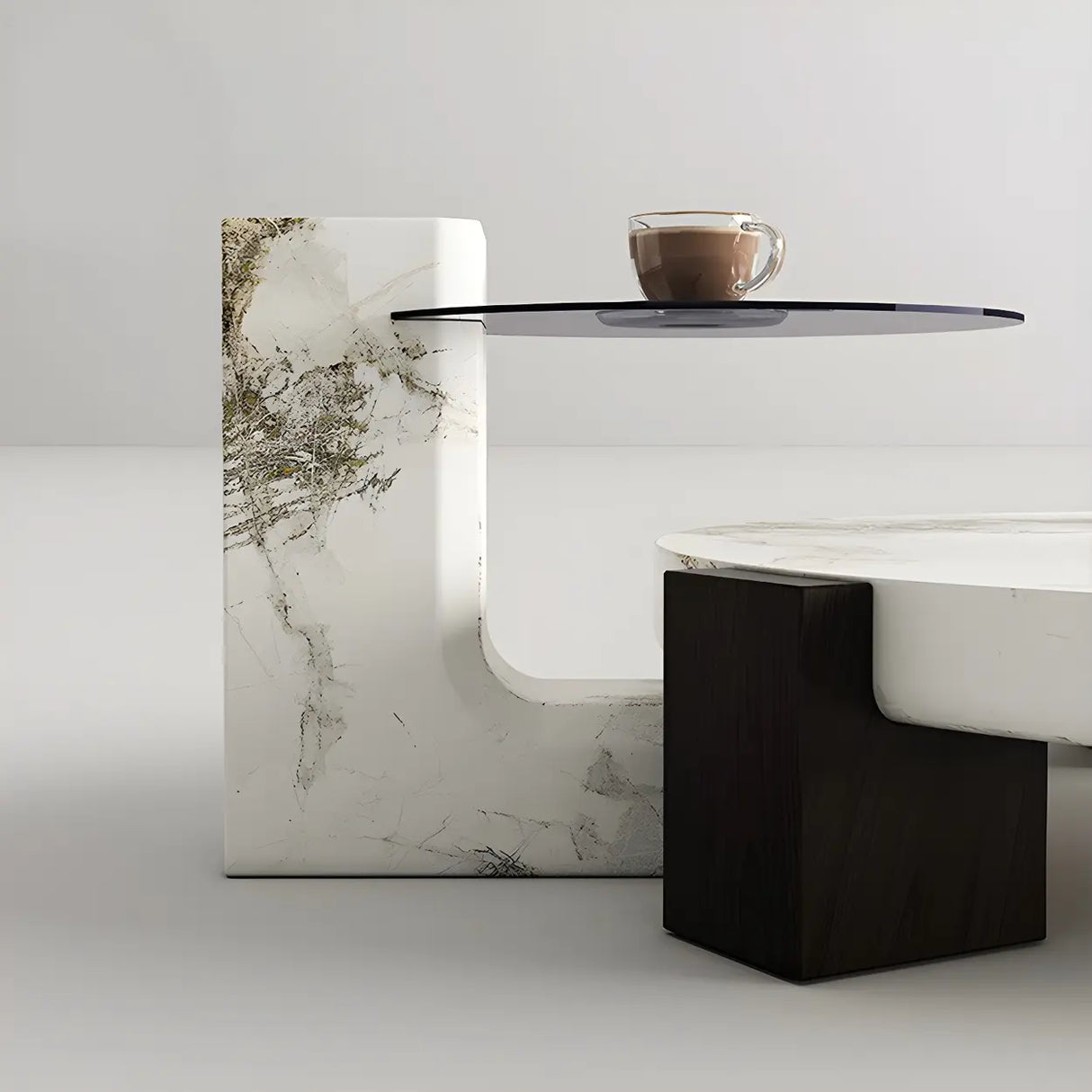 White Marble Round Coffee Table with Wood Three Legs Image - 6