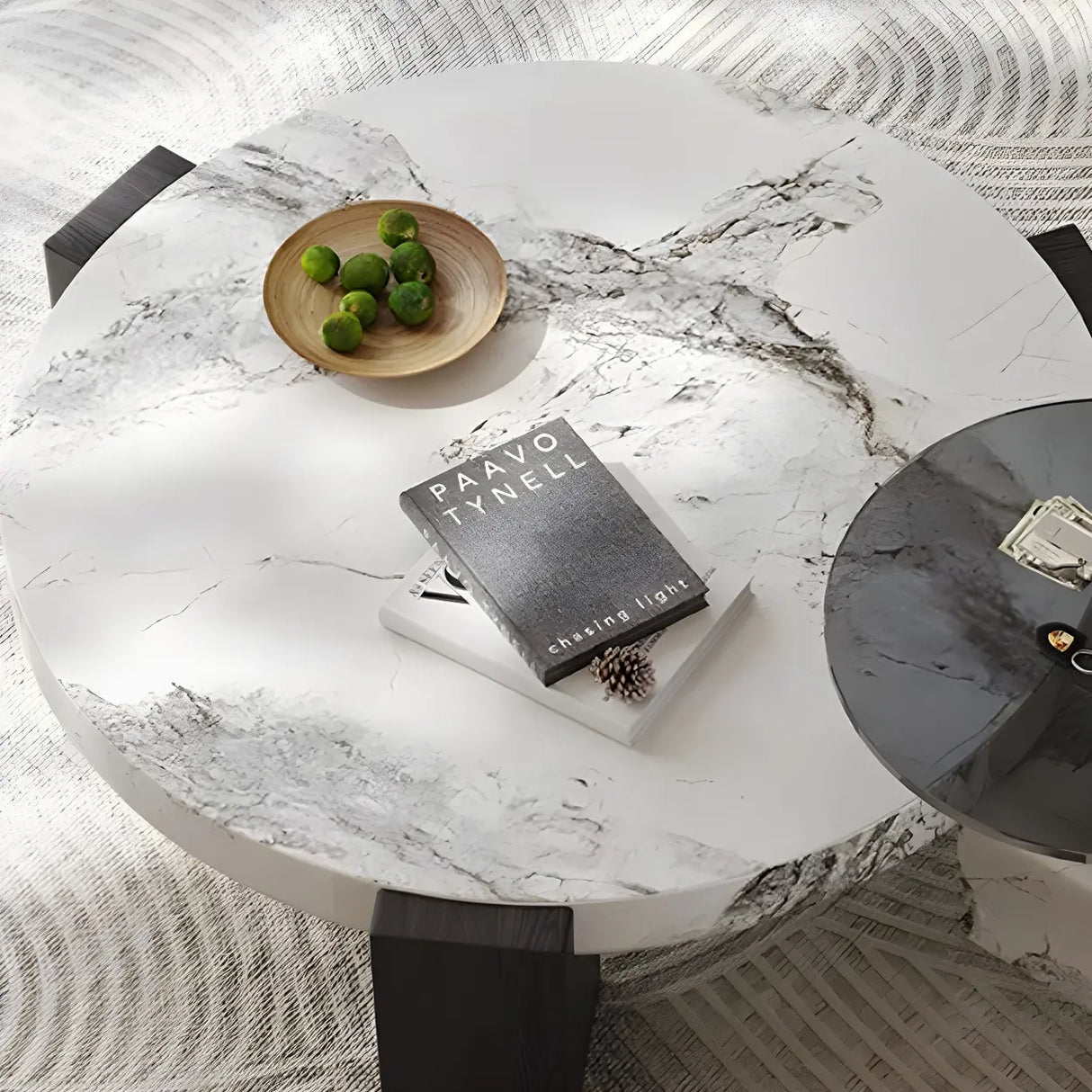 White Marble Round Coffee Table with Wood Three Legs Image - 8