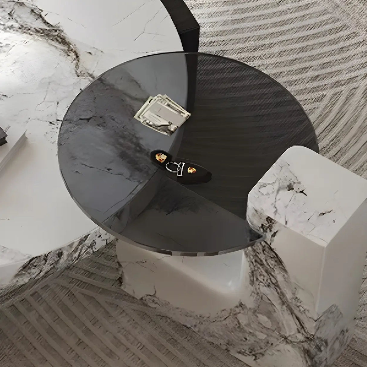 White Marble Round Coffee Table with Wood Three Legs Image - 9