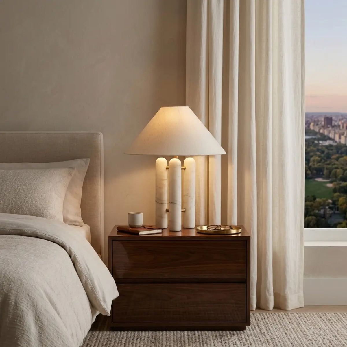 White Marble Table Lamp with Off White Fabric Shade Image - 5