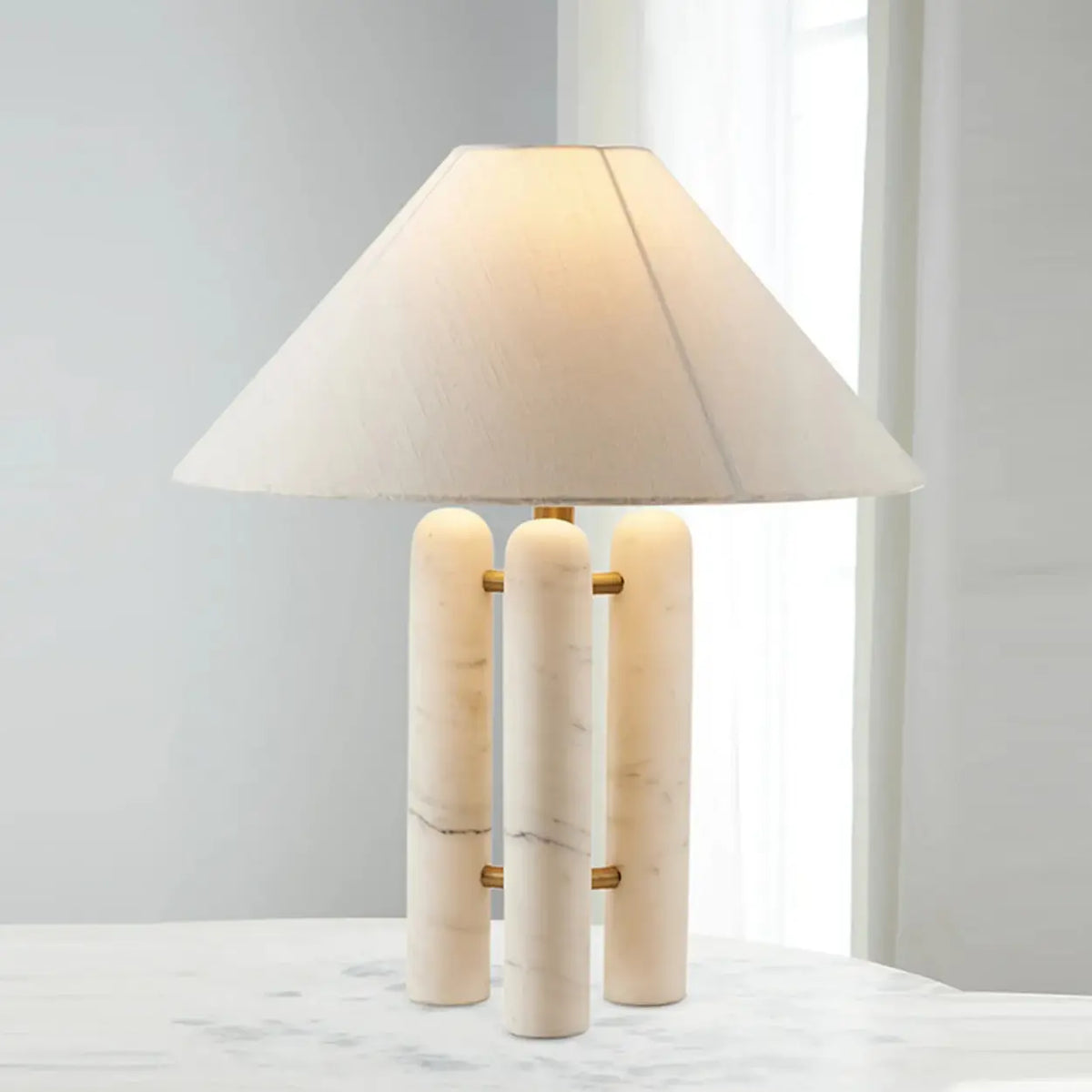 White Marble Table Lamp with Off White Fabric Shade Image - 6