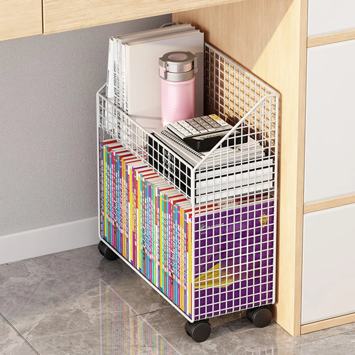 White Metal Storage Mesh Book Cart with Wheels Image - 1