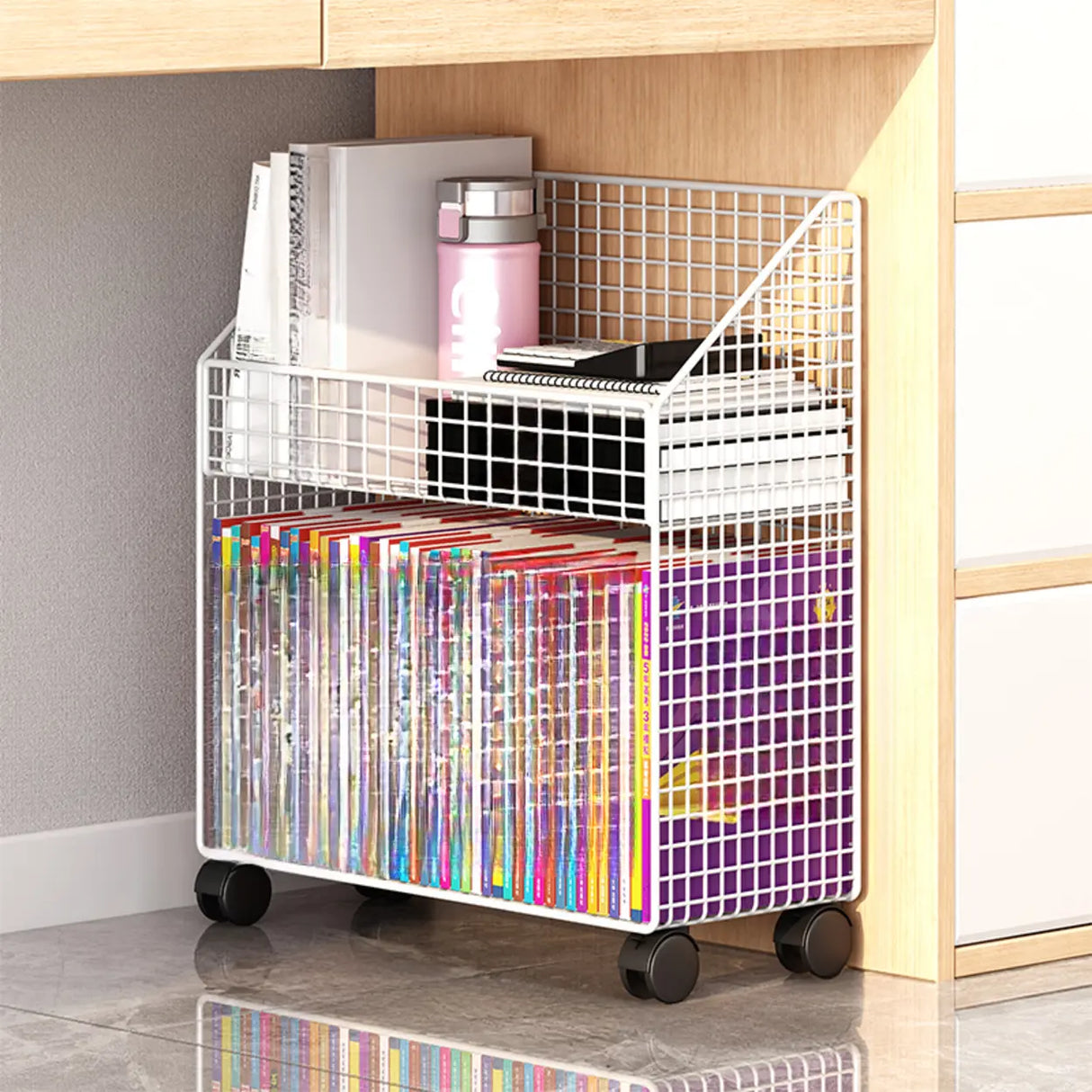 White Metal Storage Mesh Book Cart with Wheels Image - 13
