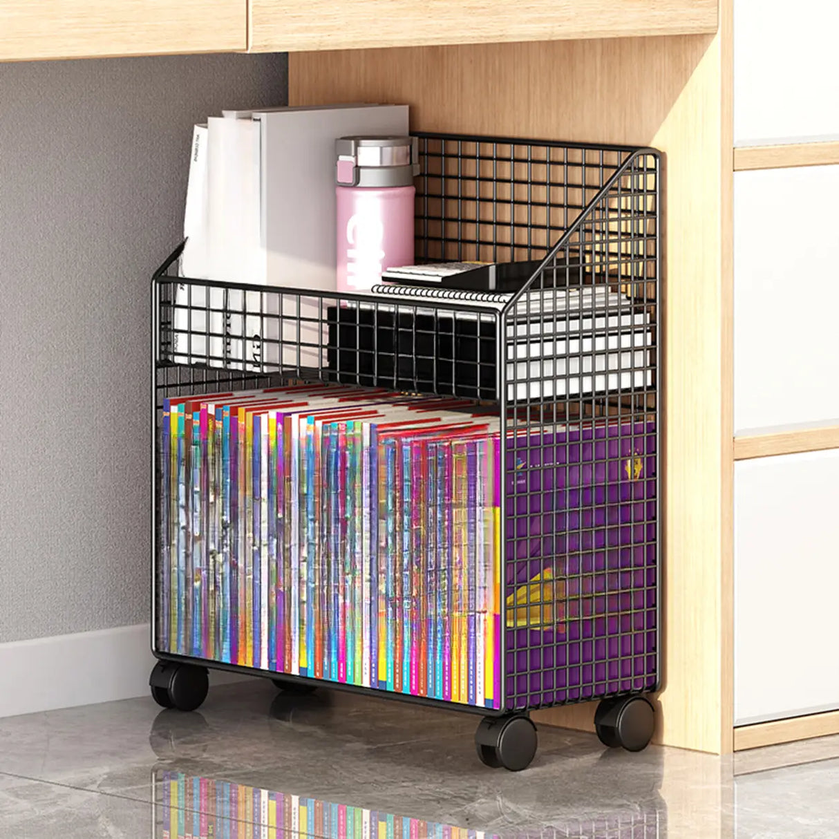 White Metal Storage Mesh Book Cart with Wheels Image - 14