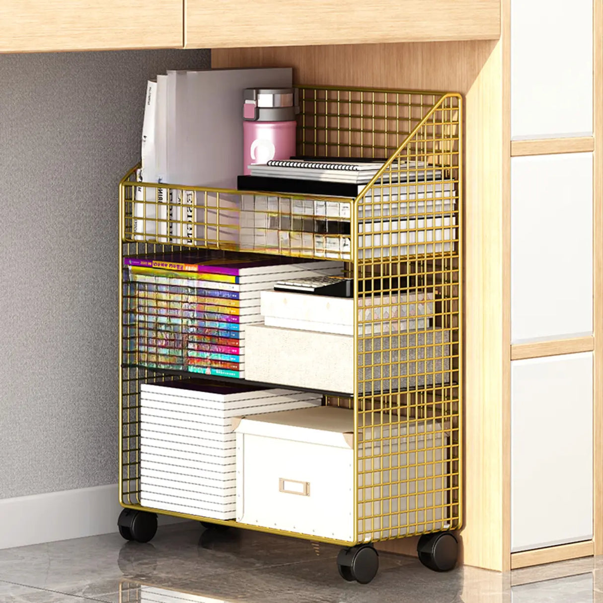 White Metal Storage Mesh Book Cart with Wheels Image - 16