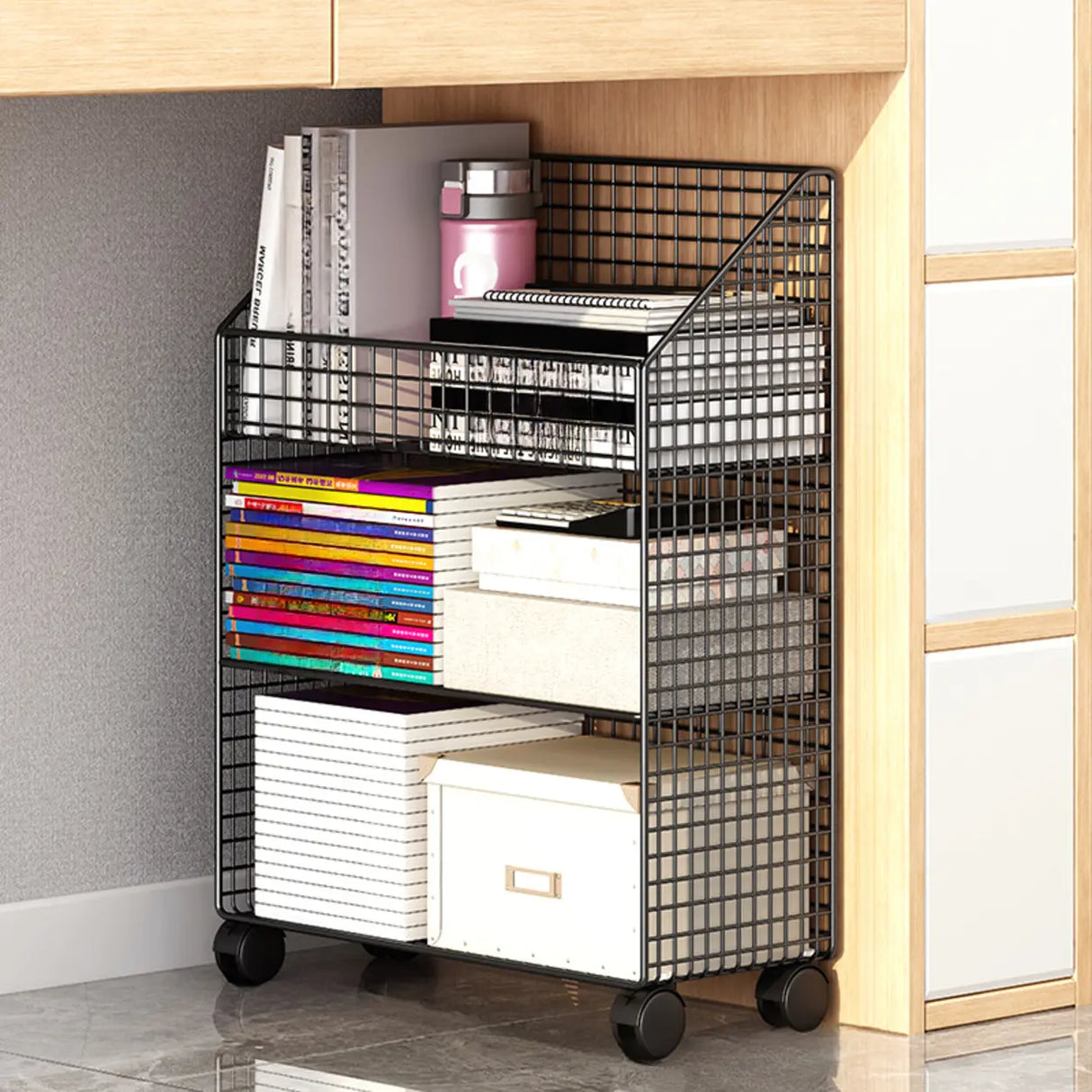 White Metal Storage Mesh Book Cart with Wheels Image - 17