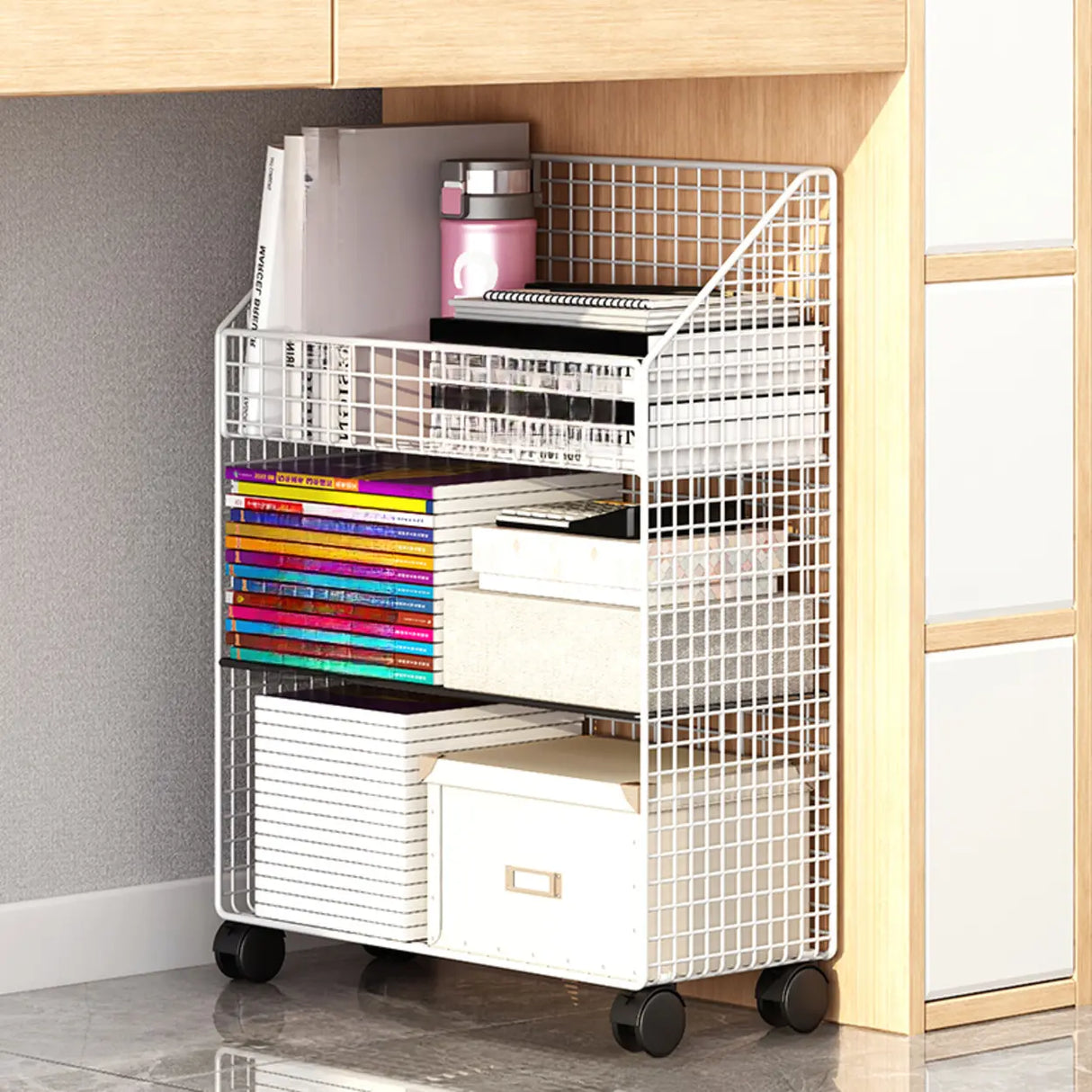 White Metal Storage Mesh Book Cart with Wheels Image - 18