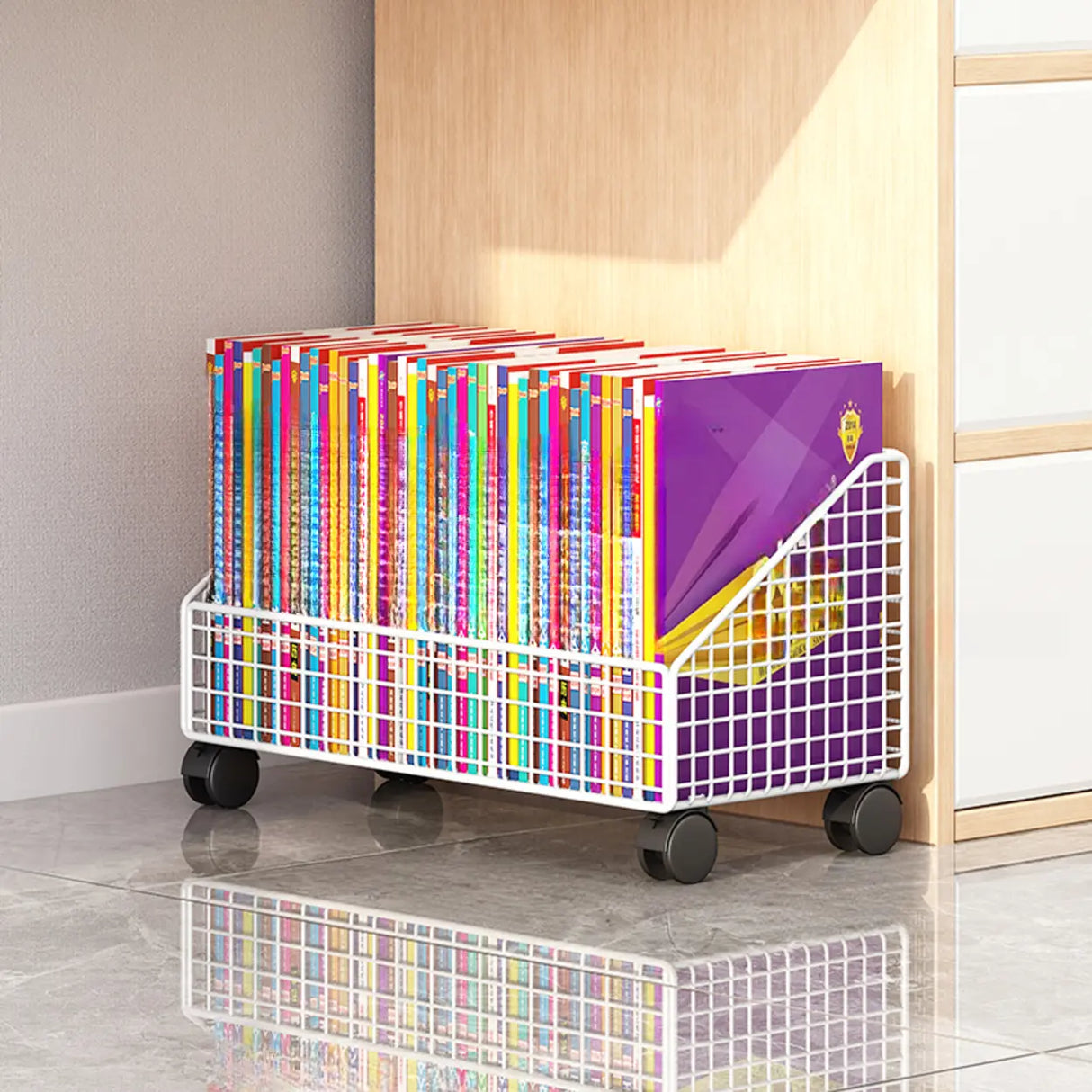 White Metal Storage Mesh Book Cart with Wheels Image - 3