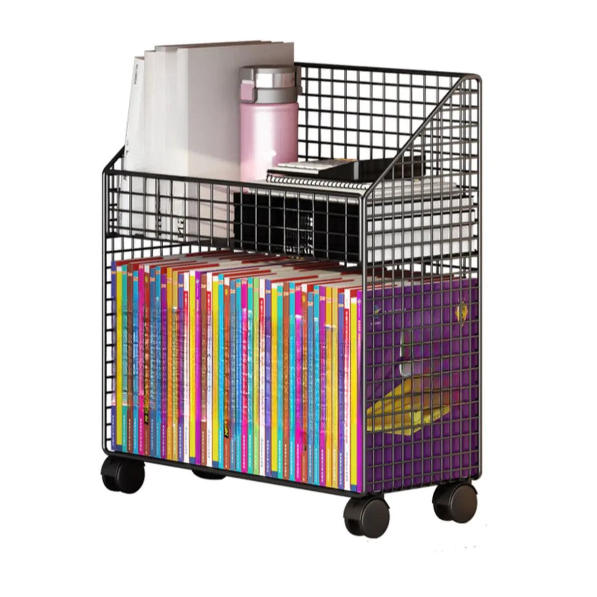 White Metal Storage Mesh Book Cart with Wheels Image - 4