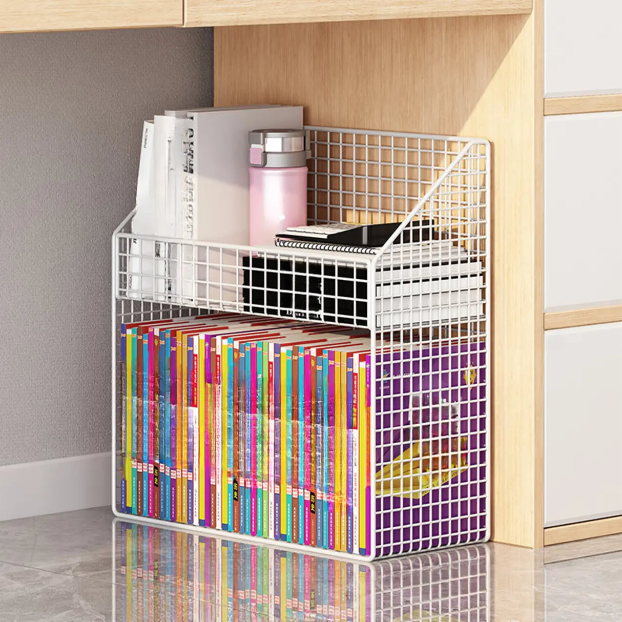 White Metal Storage Mesh Book Cart with Wheels Image - 7