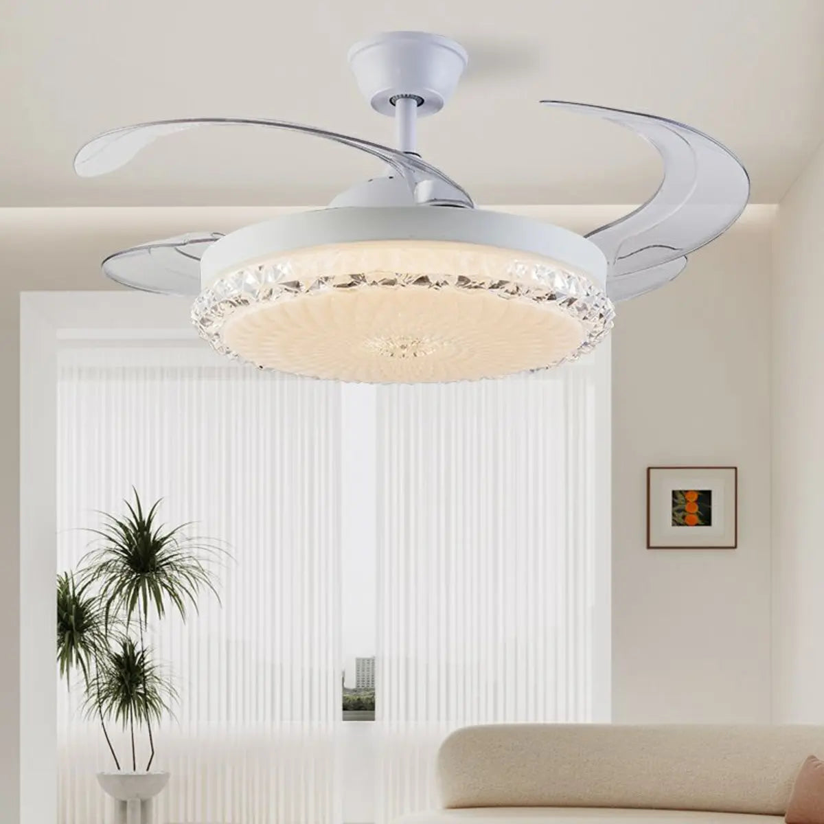 White Modern Minimalist Round 4-Blade Ceiling Fan Light Image - 1