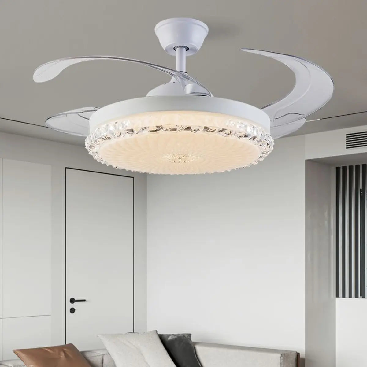 White Modern Minimalist Round 4-Blade Ceiling Fan Light Image - 4