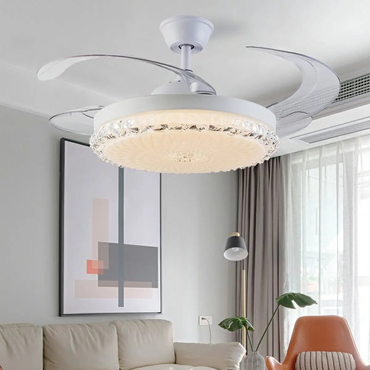 White Modern Minimalist Round 4-Blade Ceiling Fan Light Image - 5