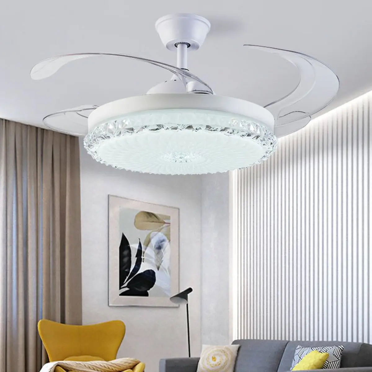 White Modern Minimalist Round 4-Blade Ceiling Fan Light Image - 6