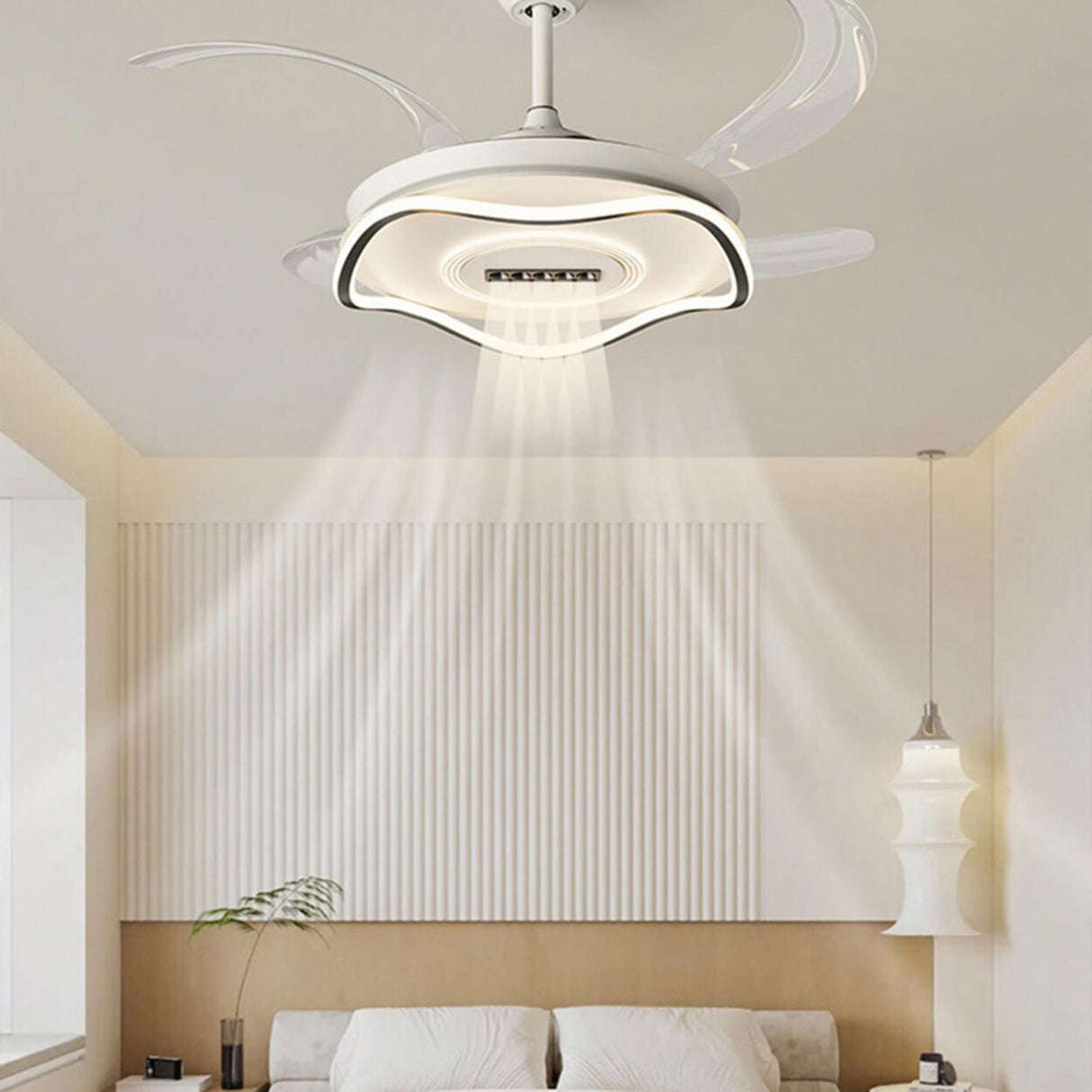 White Modern Retractable Blade Ceiling Fan with Light Image - 4