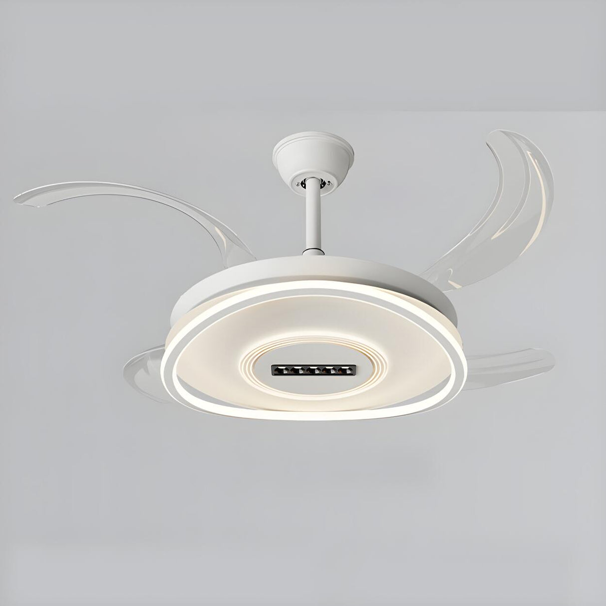 White Modern Retractable Blade Ceiling Fan with Light Image - 7