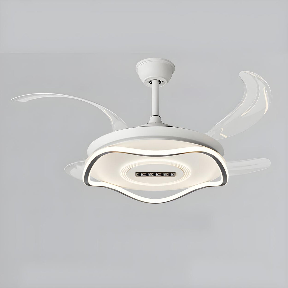 White Modern Retractable Blade Ceiling Fan with Light Image - 9