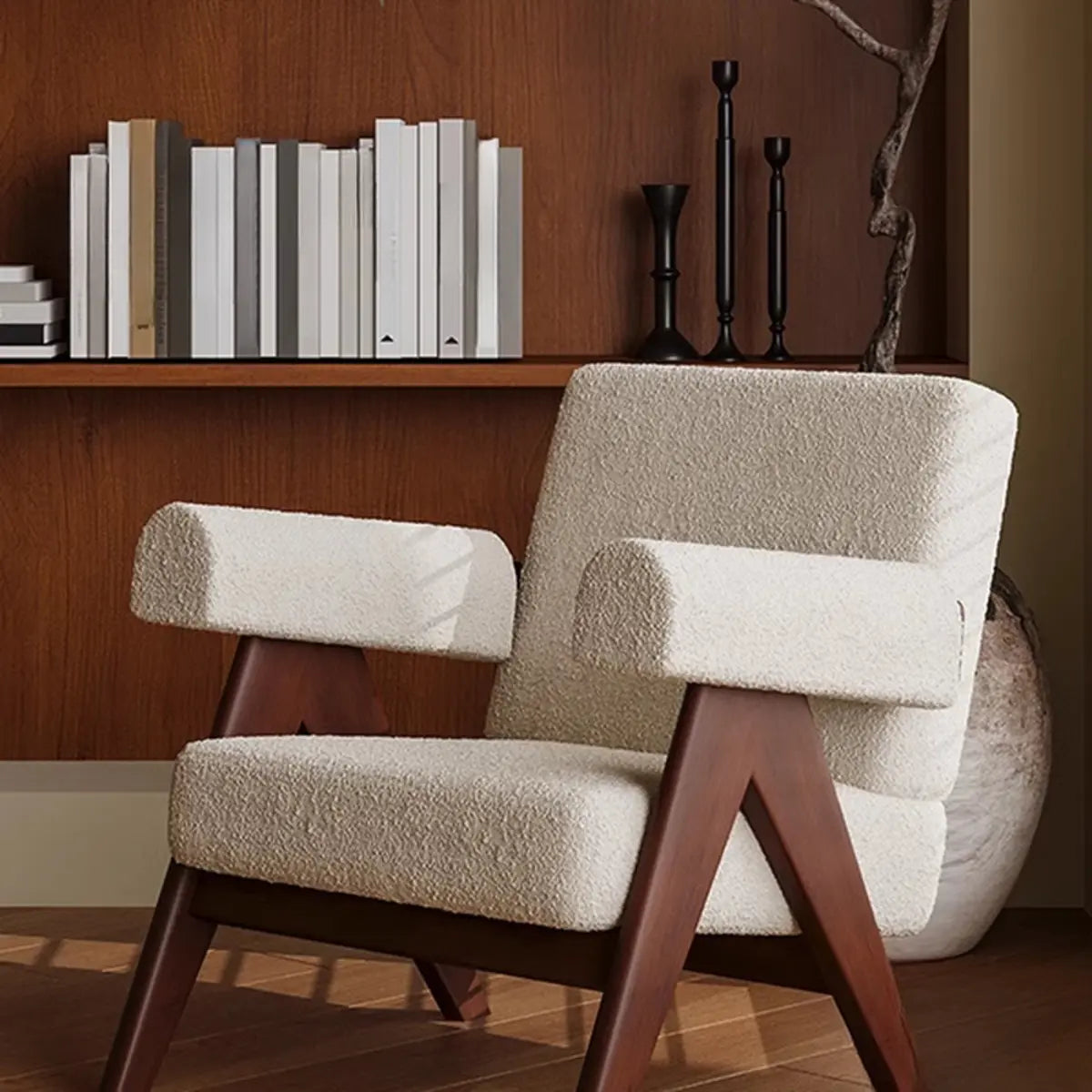 White Mohair Fixed Back Oak Wood Frame Arm Chair Image - 1