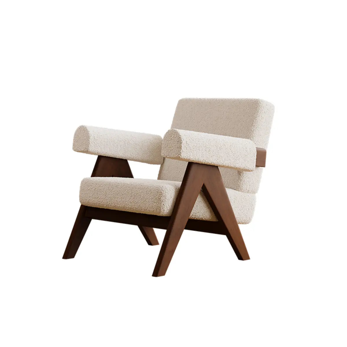 White Mohair Fixed Back Oak Wood Frame Arm Chair Image - 2